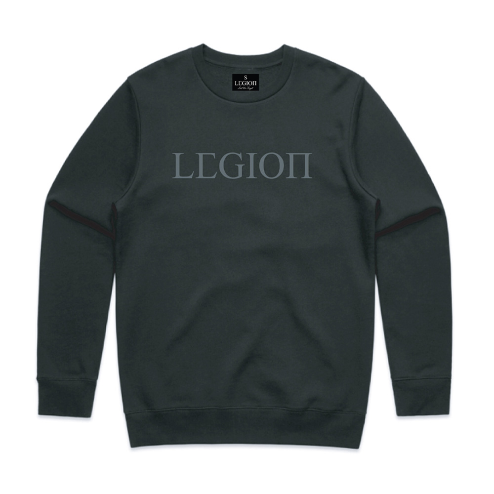 Mens active crew neck jumper with grey Legion Legacy print