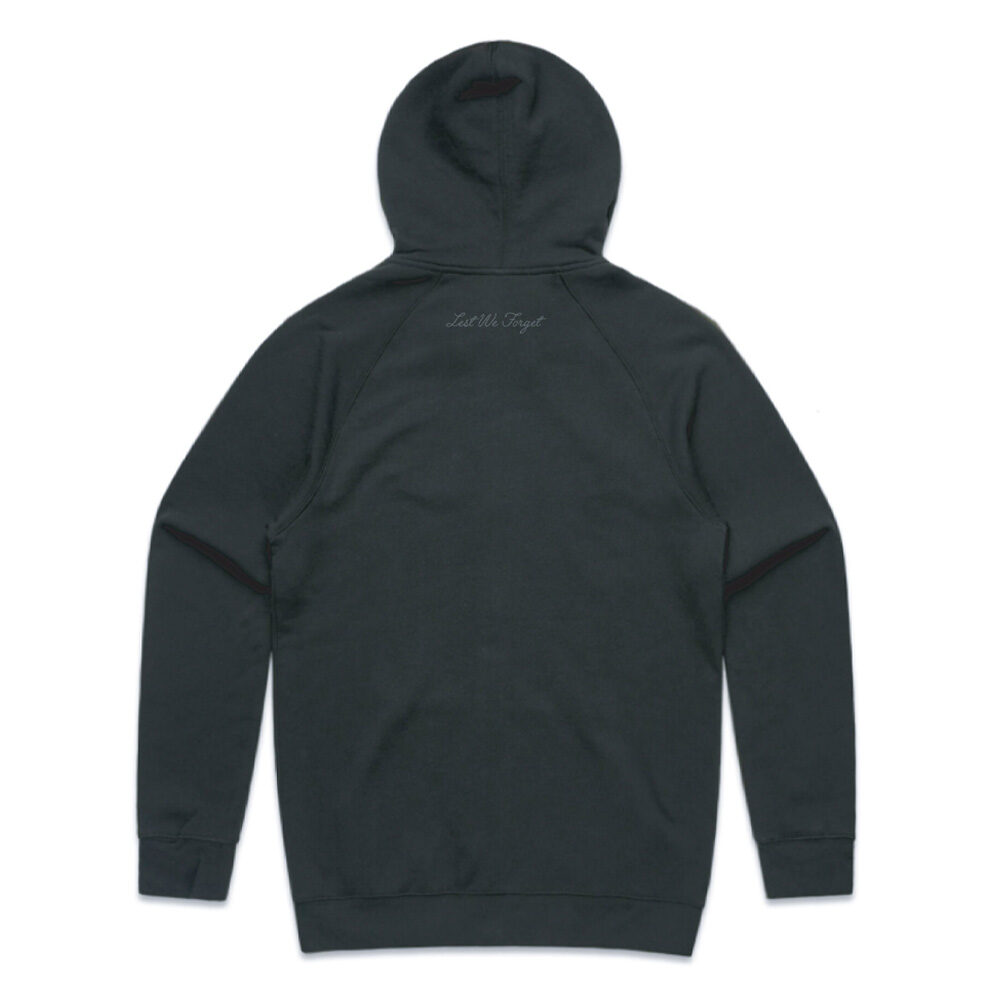 Mens black zip up hoodie with grey legion legacy print