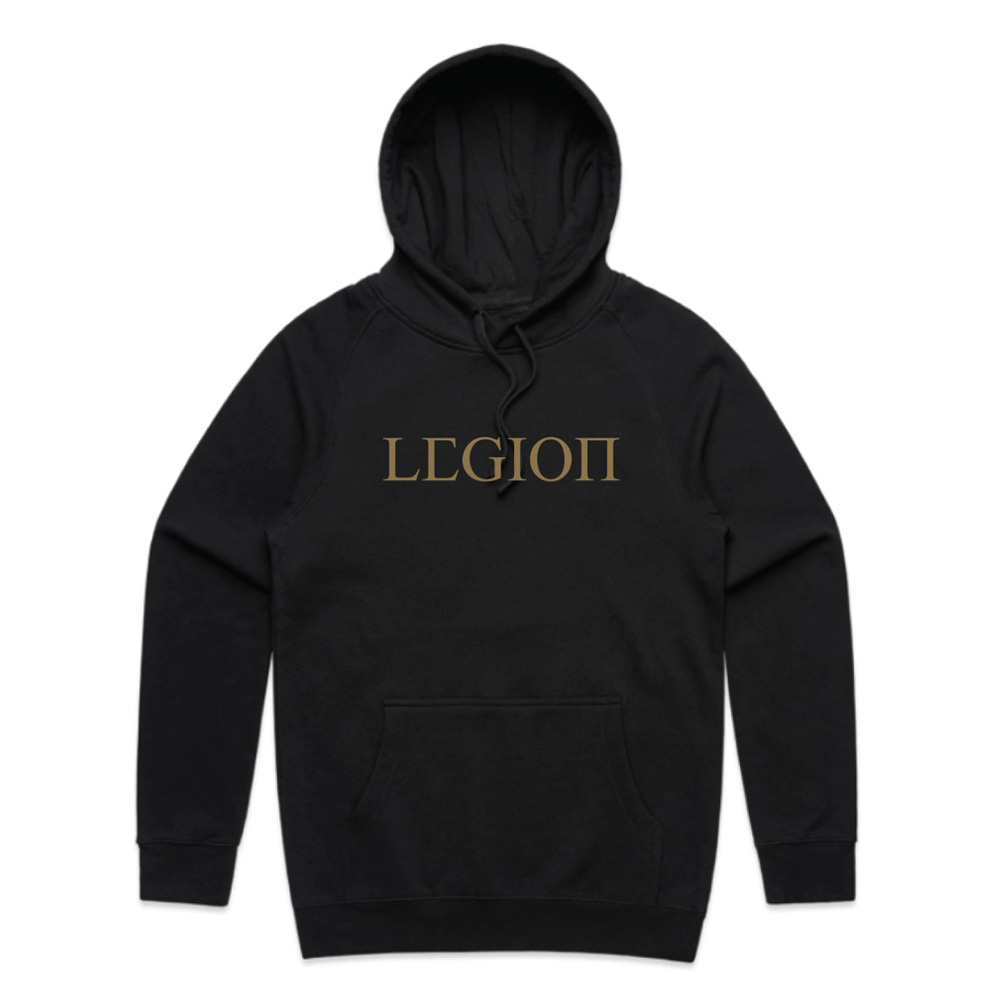Mens black pullover hoodie with gold Legion Legacy print
