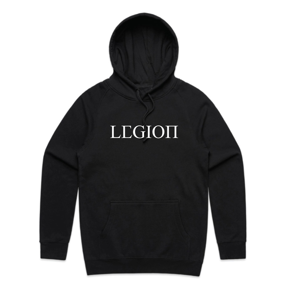 Mens black pullover hoodie with white Legion Legacy print