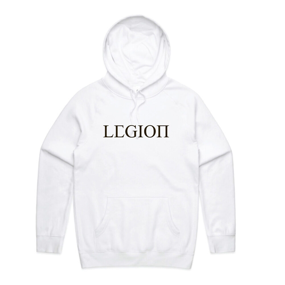 Mens white pullover hoodie with black Legion Legacy print