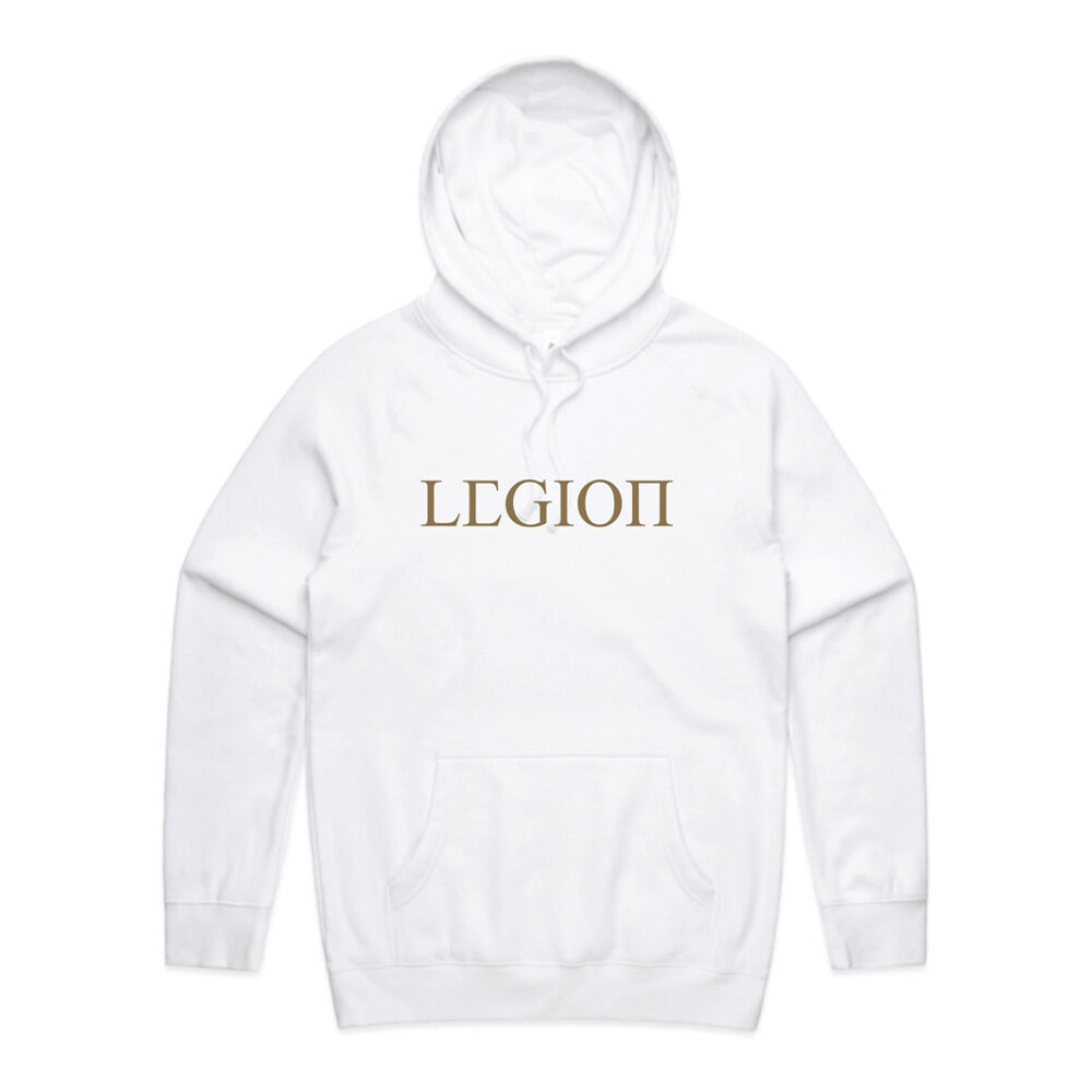 Mens white pullover hoodie with gold Legion Legacy print