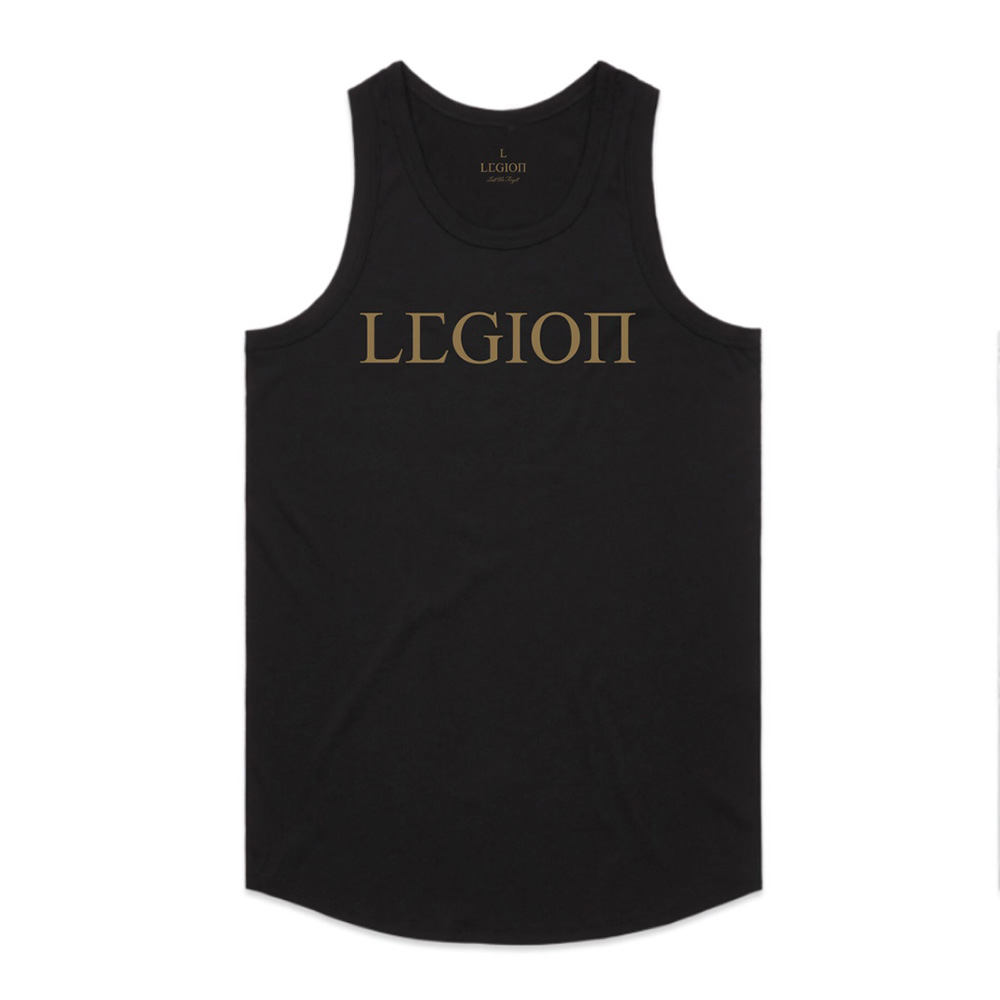 Mens black singlet with gold Legion Legacy print