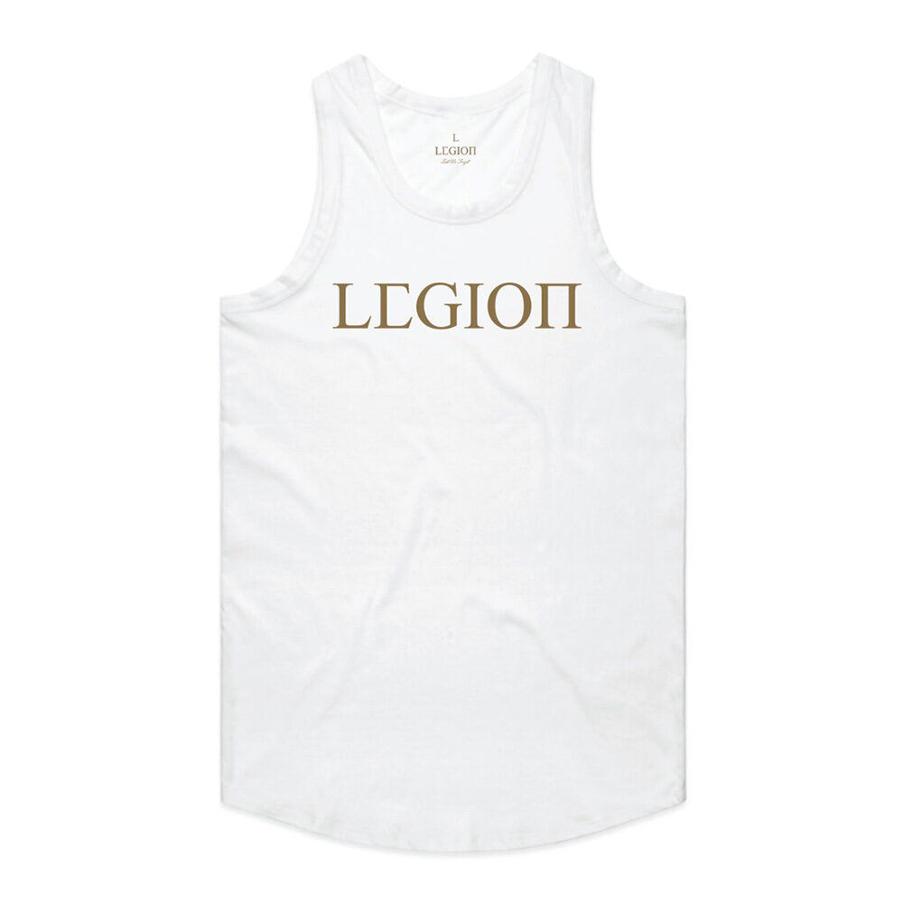 Mens white singlet with gold Legion Legacy print