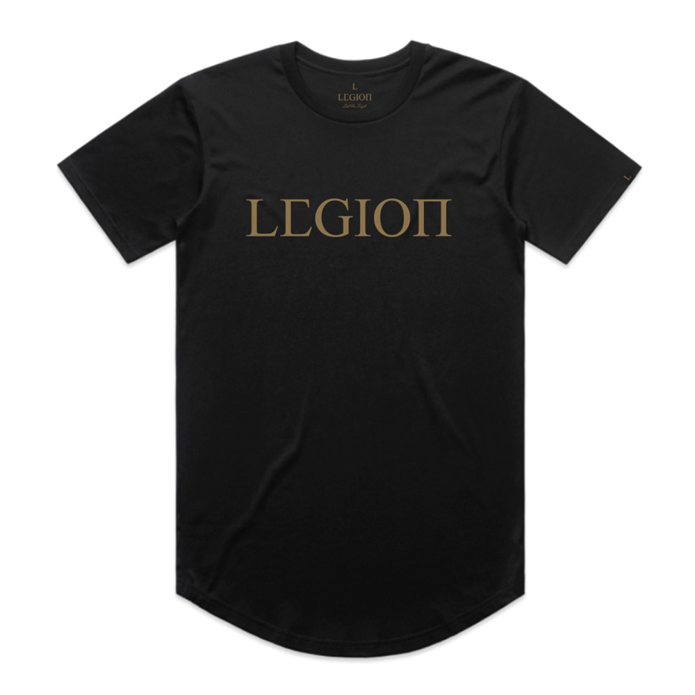 Mens black t-shirt with gold Legion Legacy print