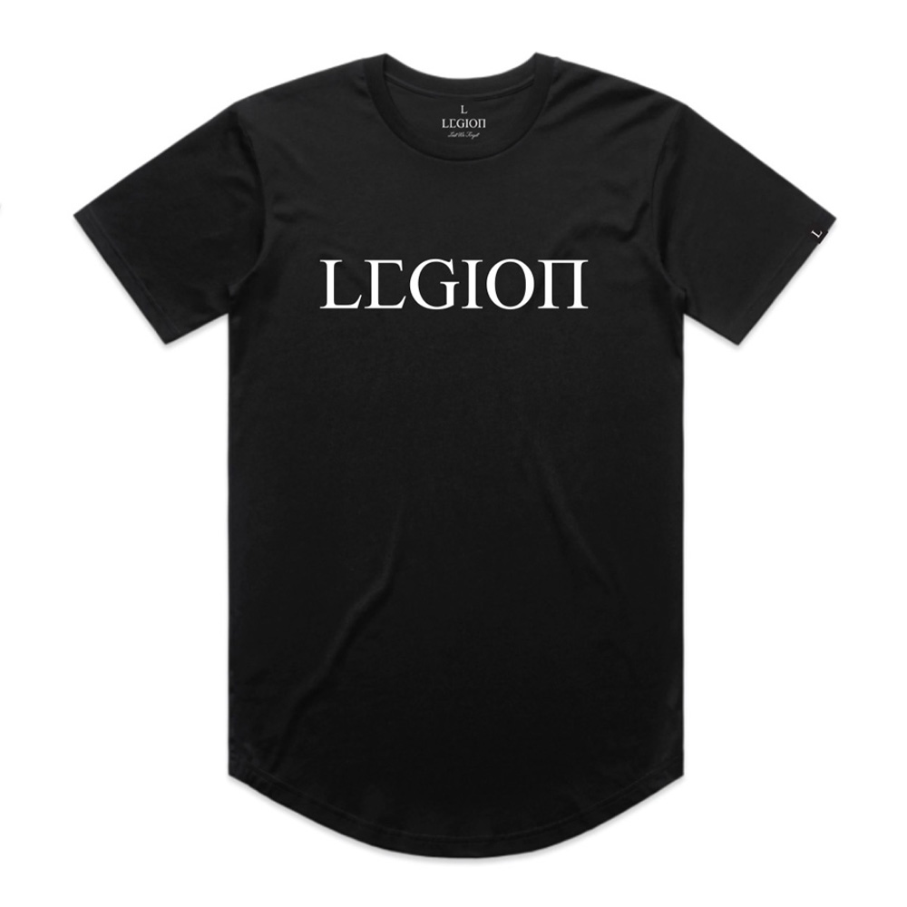Mens black t-shirt with white Legion Legacy print