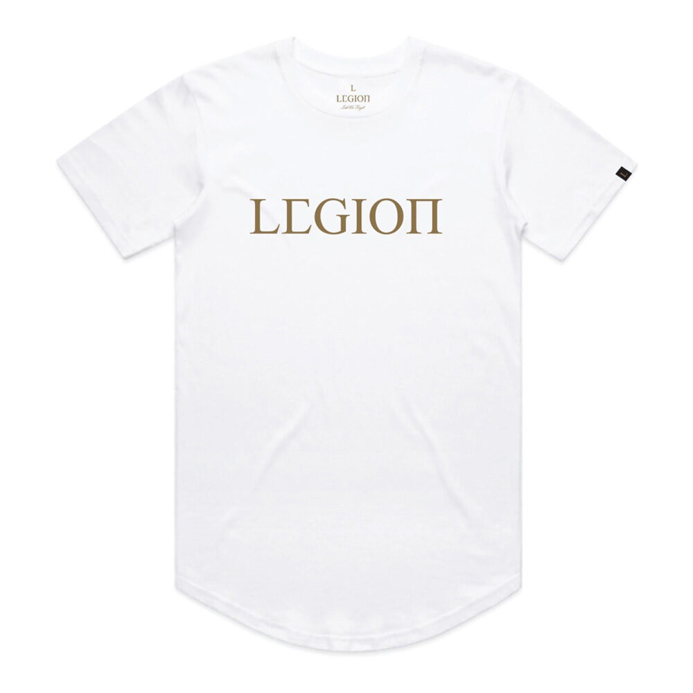 Mens white t-shirt with gold Legion Legacy print