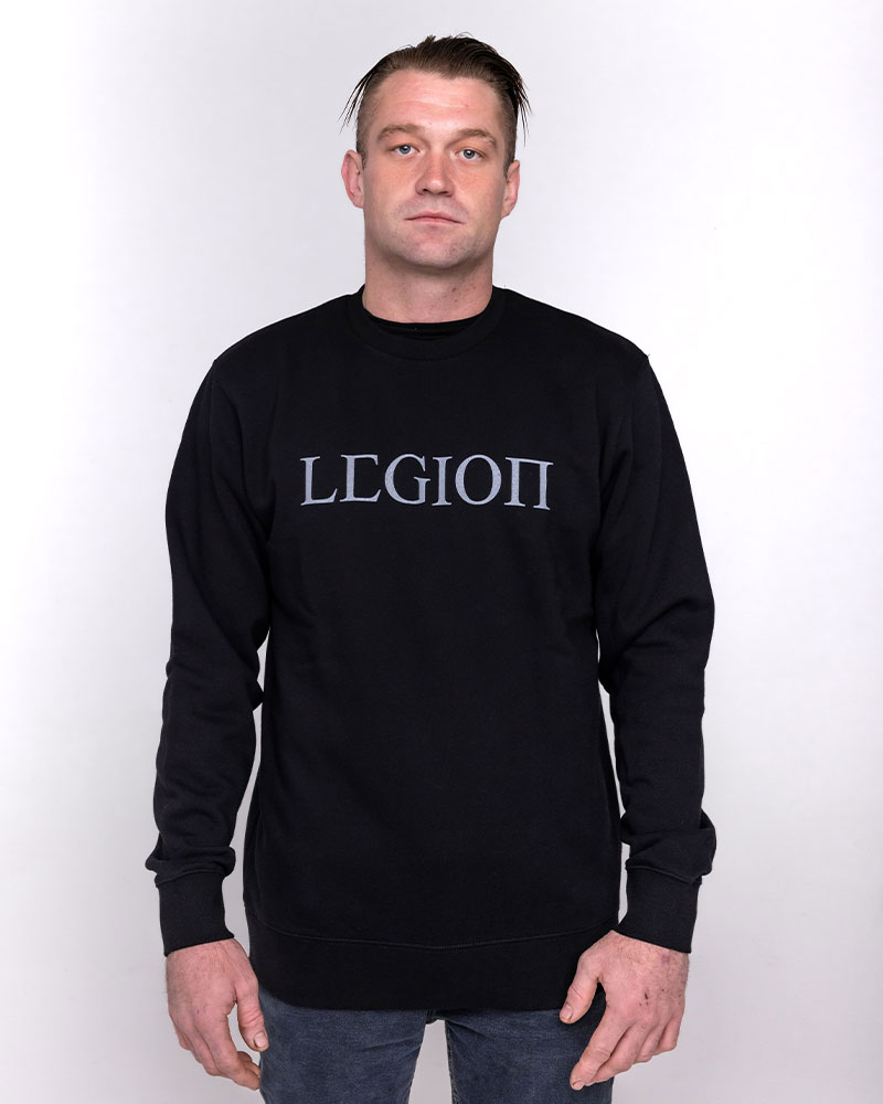 Mens active crew neck jumper with grey Legion Legacy print