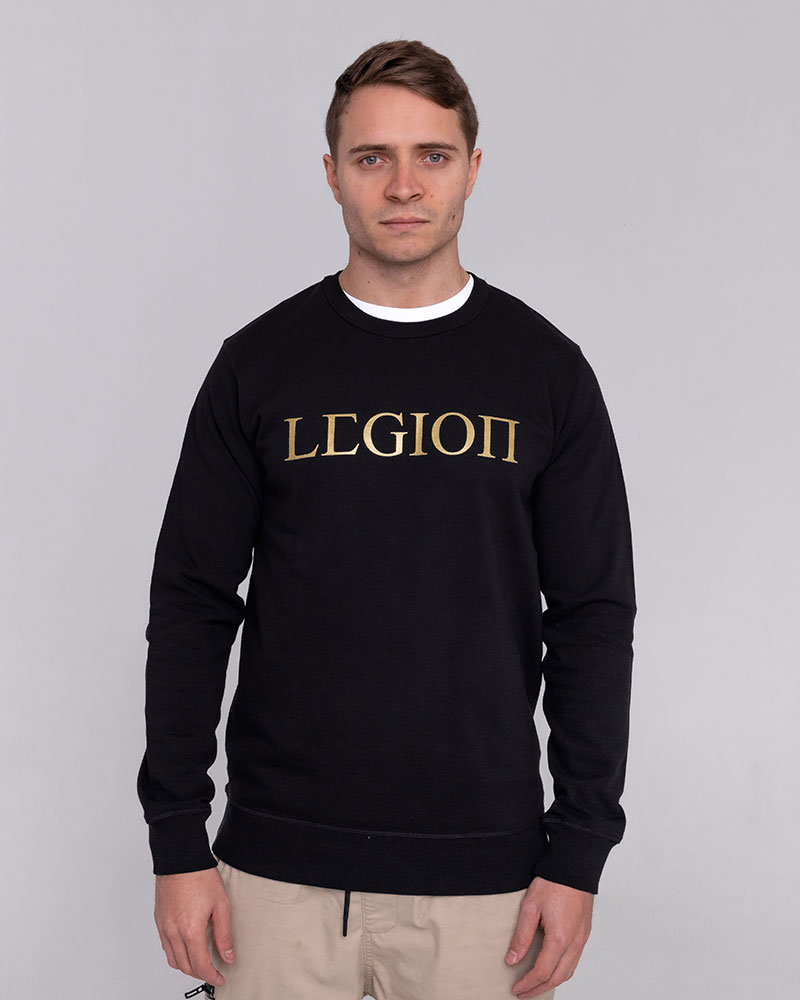 Mens black crew neck jumper with gold Legion Legacy print