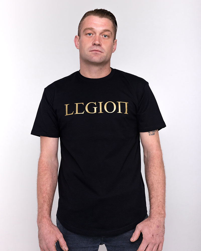 Mens black t-shirt with gold Legion Legacy print
