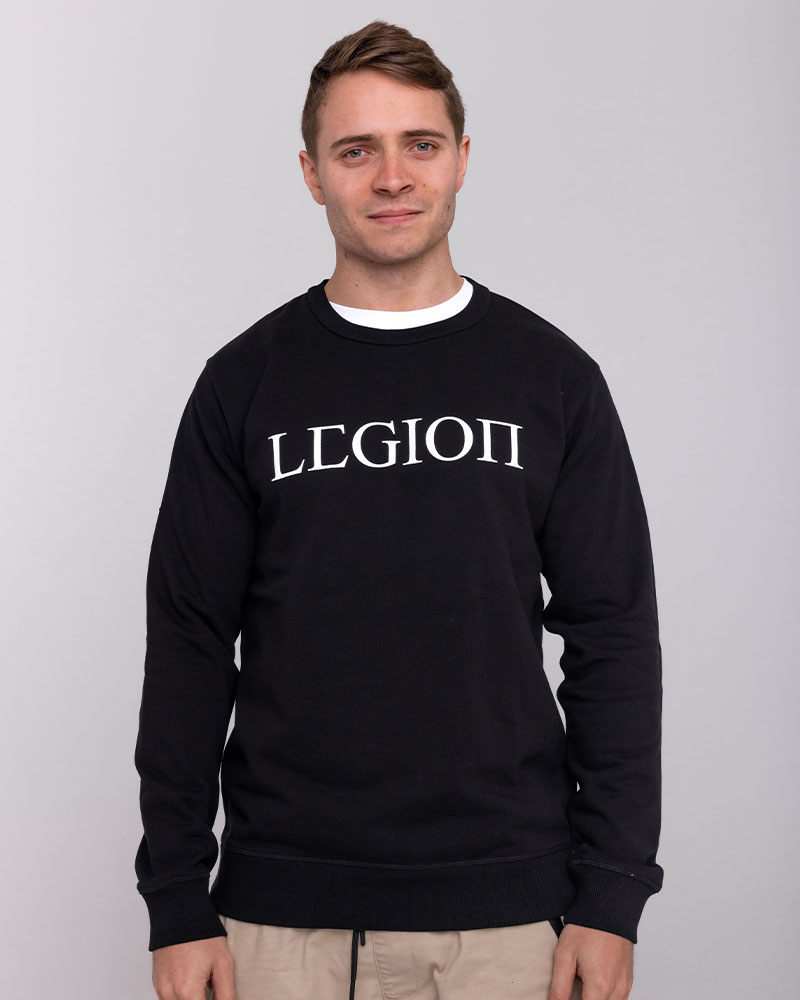 Mens black crew neck jumper with white Legion Legacy print