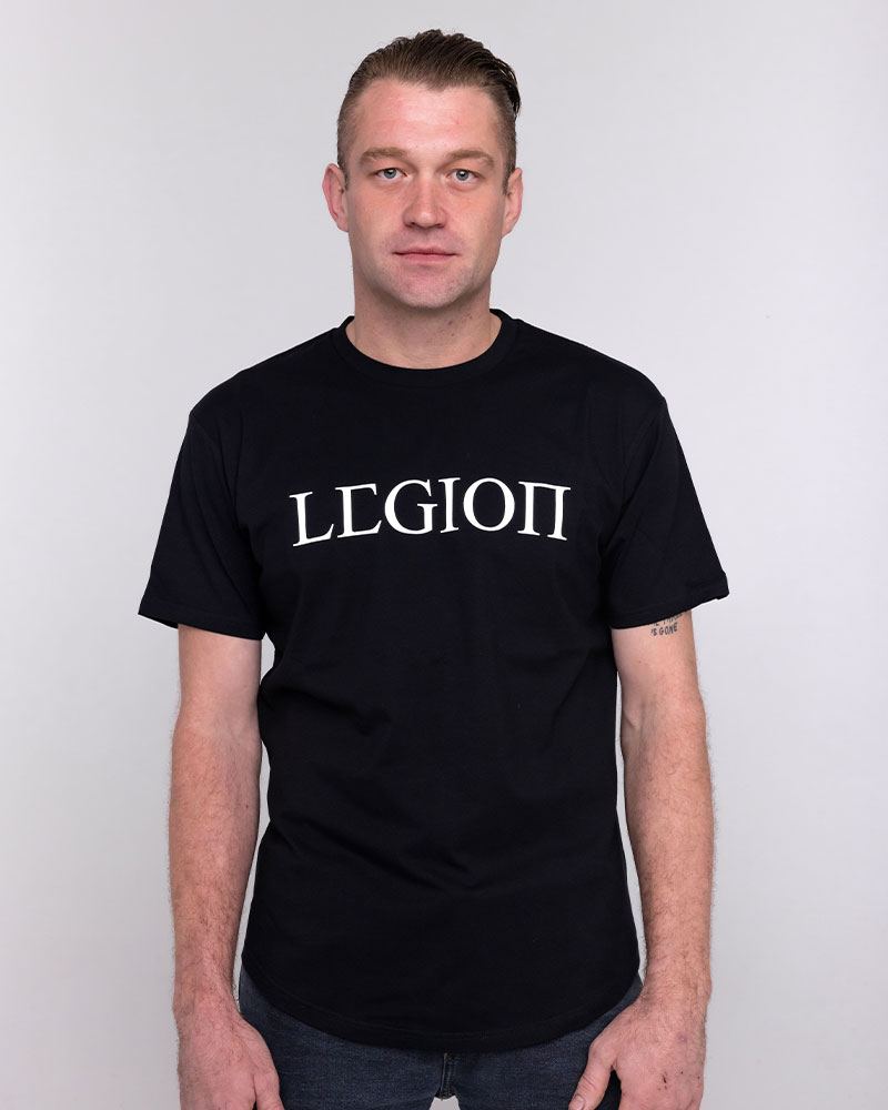 Mens black t-shirt with white Legion Legacy print