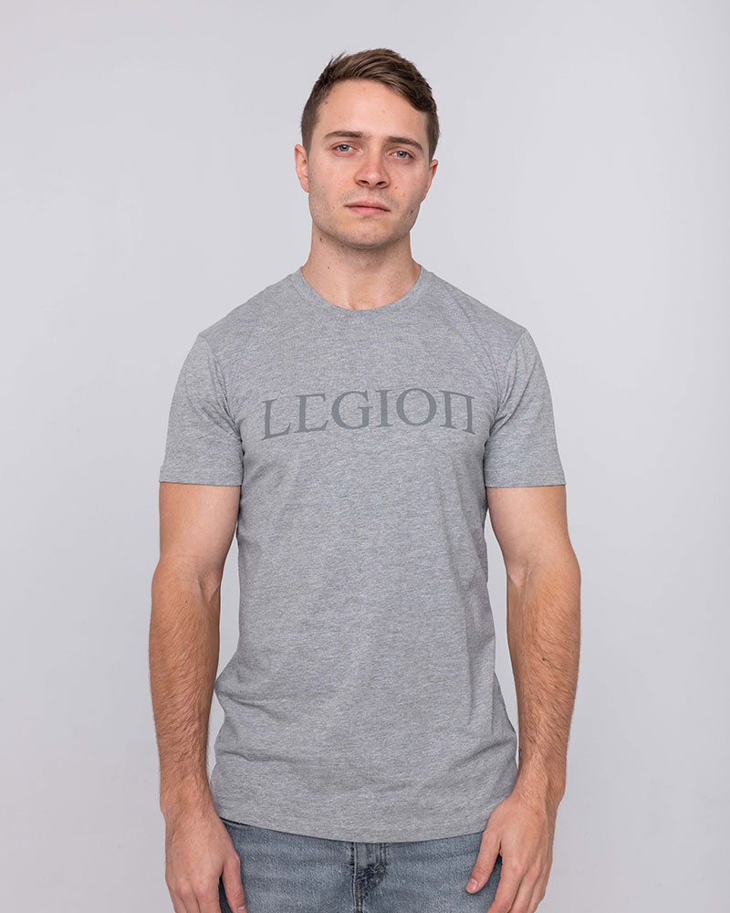 Mens light grey T-shirt with grey Legion Legacy print