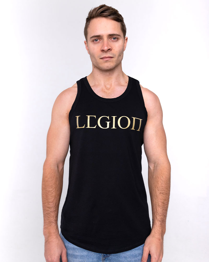 Mens black singlet with gold Legion Legacy print