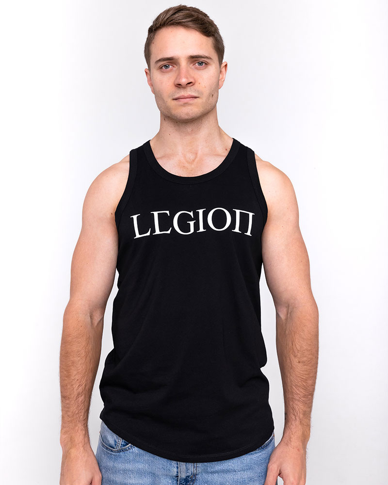 Mens black singlet with white Legion Legacy print
