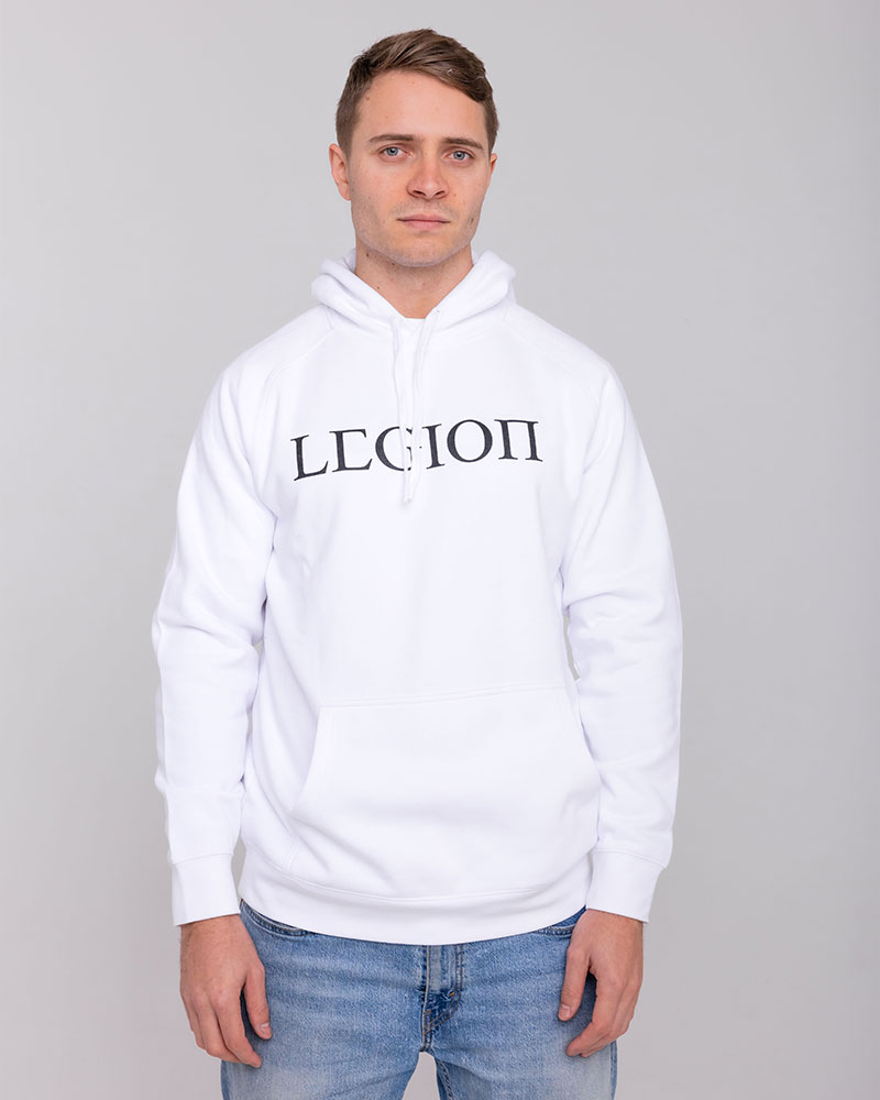 Mens white pullover hoodie with black Legion Legacy print