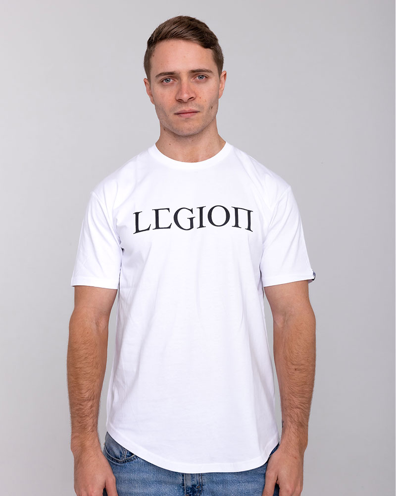 Mens white t-shirt with black Legion Legacy print
