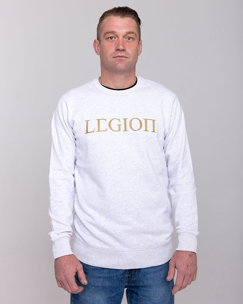 Mens white crew neck jumper with gold Legion Legacy print