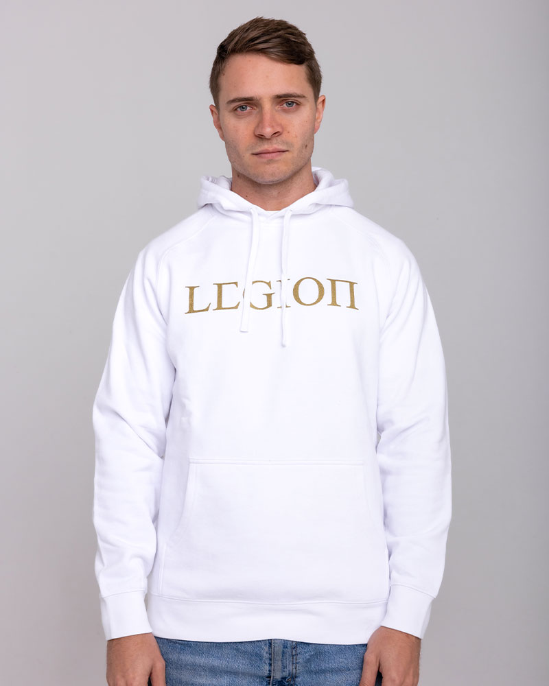 Mens white pullover hoodie with gold Legion Legacy print