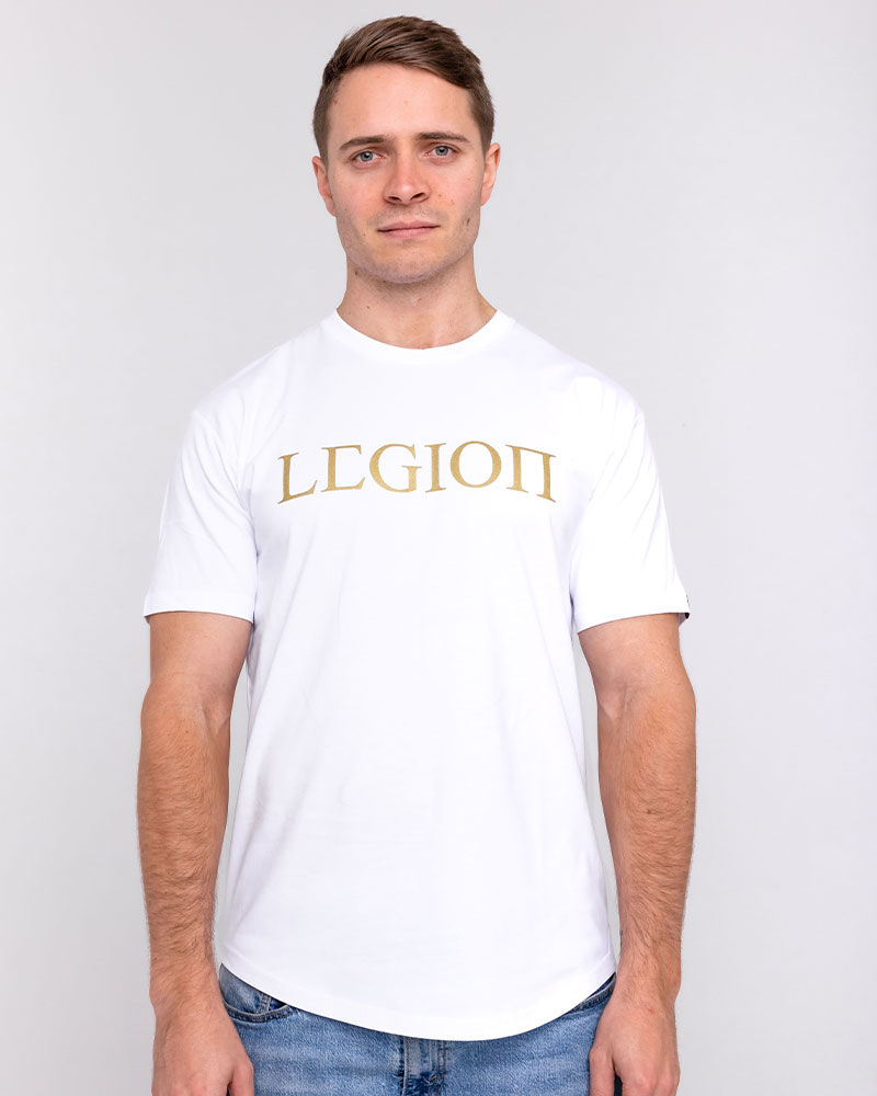 Mens white t-shirt with gold Legion Legacy print
